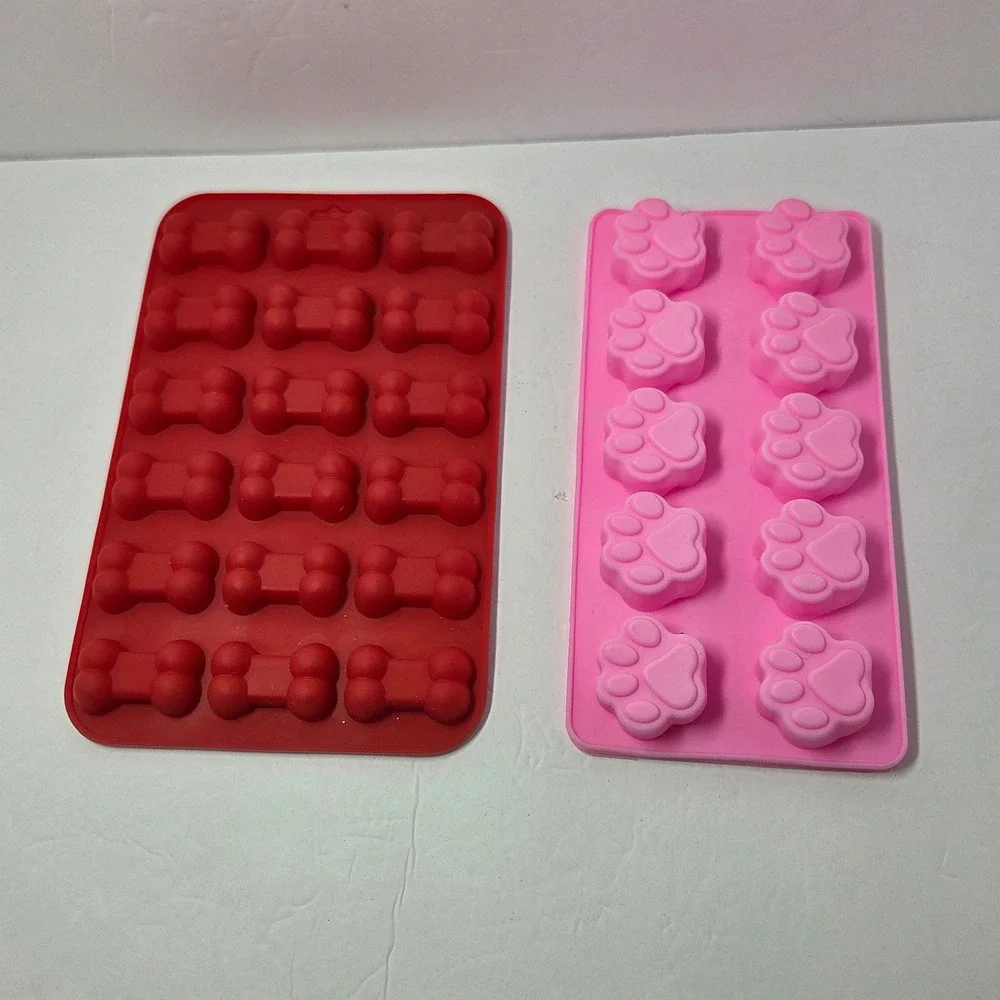 4pc Silicone Pet Treat Molds Paw Print and Bone Shapes Red Purple Pink